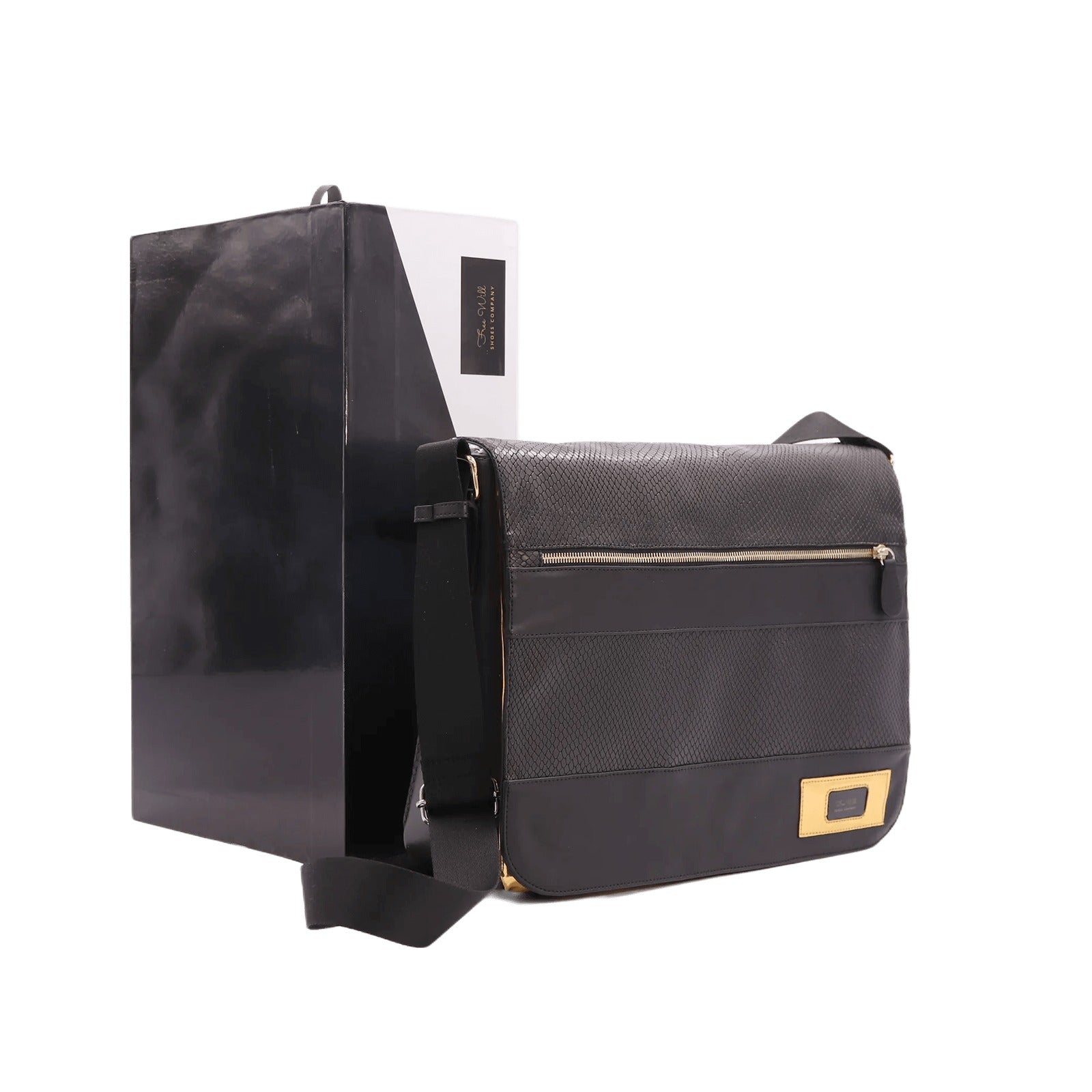 Free Will Designer Black, shark, black python and gold metal messenger bag